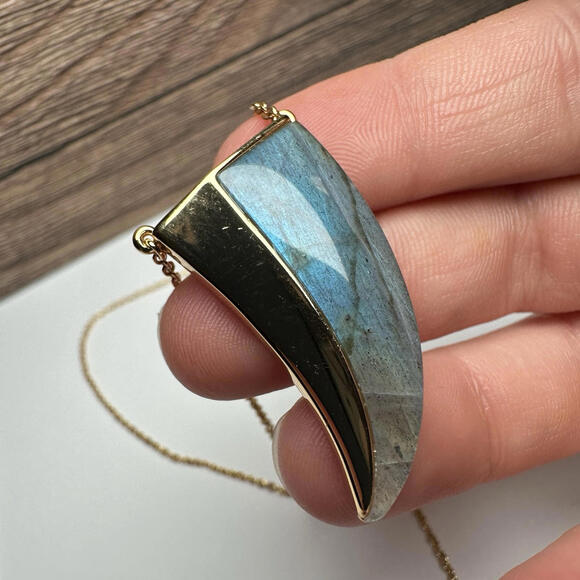 Stella & Dot Blue Stone Horn Shape Pendant Gold Tone Chain Necklace - Picture 4 of 14